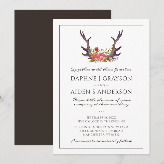 Invitation Mariage Floral de Cerfs Rustique de Campagne (Devant / Derrière)