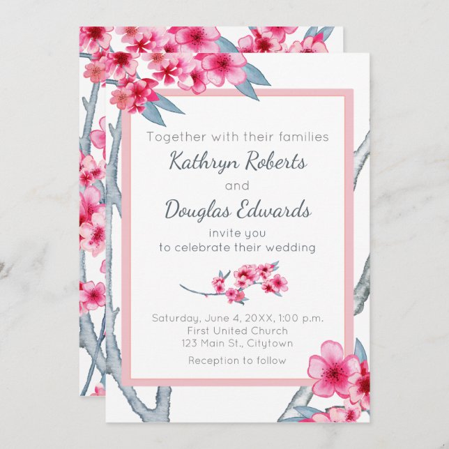 Invitation Mariage floral de cerise en fleurs (Devant / Derrière)