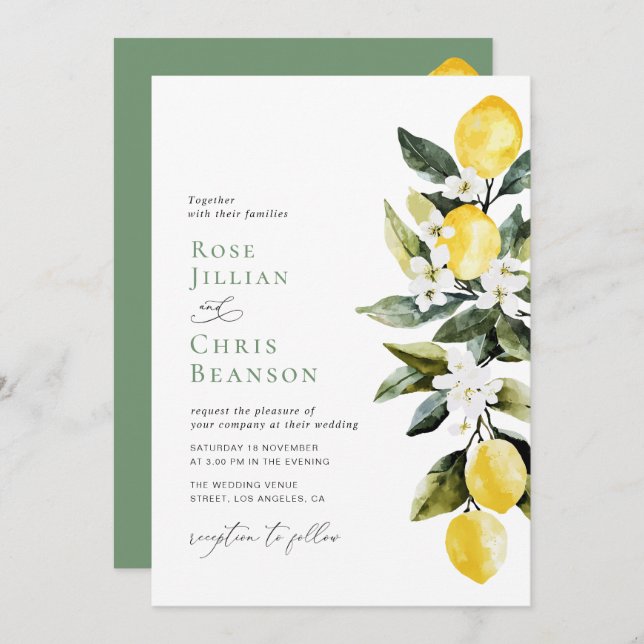 Invitation Mariage floral de citron vert moderne (Devant / Derrière)