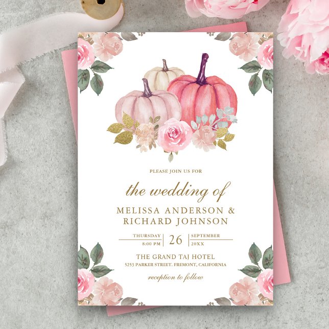 Invitation Mariage Floral de Citrouille Rose et Or Rustique (Créateur téléchargé)