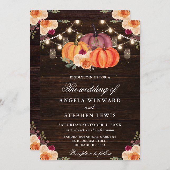 Invitation Mariage Floral de Citrouilles Orange Automne Rusti (Devant / Derrière)