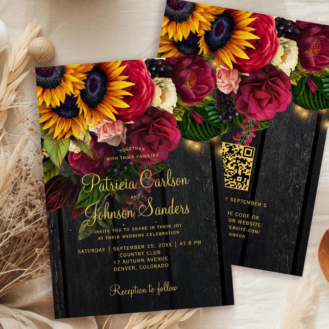 Invitation Mariage floral de code QR en bois de grange de cam (Créateur téléchargé)