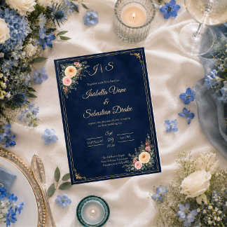 Invitation Mariage floral de coin élégant en bleu marine