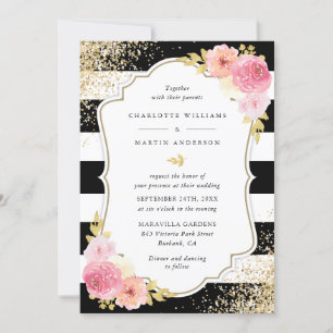 Invitation Mariage floral de Confetti en or noir rose