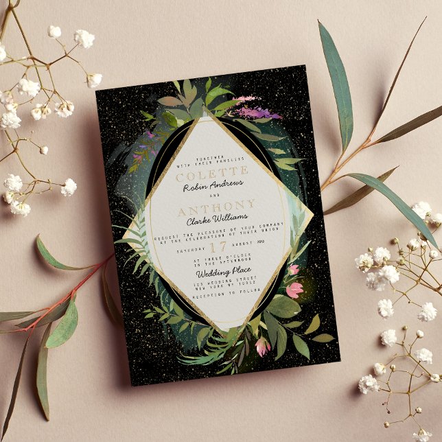 Invitation Mariage floral de confetti rose noir (Black pink green faux gold confetti floral Wedding )