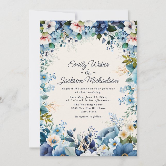 Invitation Mariage floral de couleur bleu pâle de marine (Devant)