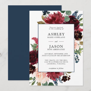 Invitation Mariage floral de couleur marine, bordeaux et bleu