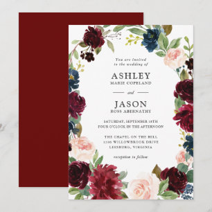 Invitation Mariage floral de couleur marine, bordeaux et bleu