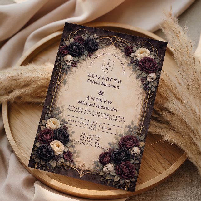 Invitation Mariage Floral de Crâne Gothique Sombre (Créateur téléchargé)
