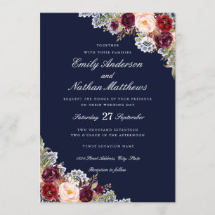 Invitation Mariage floral de dentelle de Bourgogne de marine
