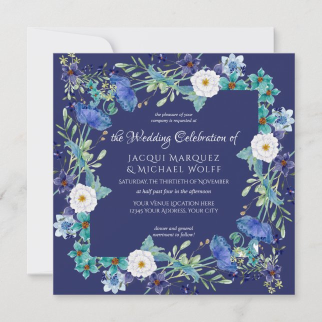 Invitation Mariage floral de fleurs de pavot bleu marine (Devant)