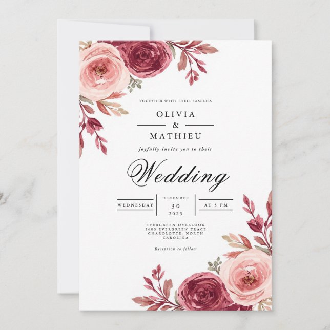 Invitation Mariage floral de fleurs de Roses sombres (Devant)