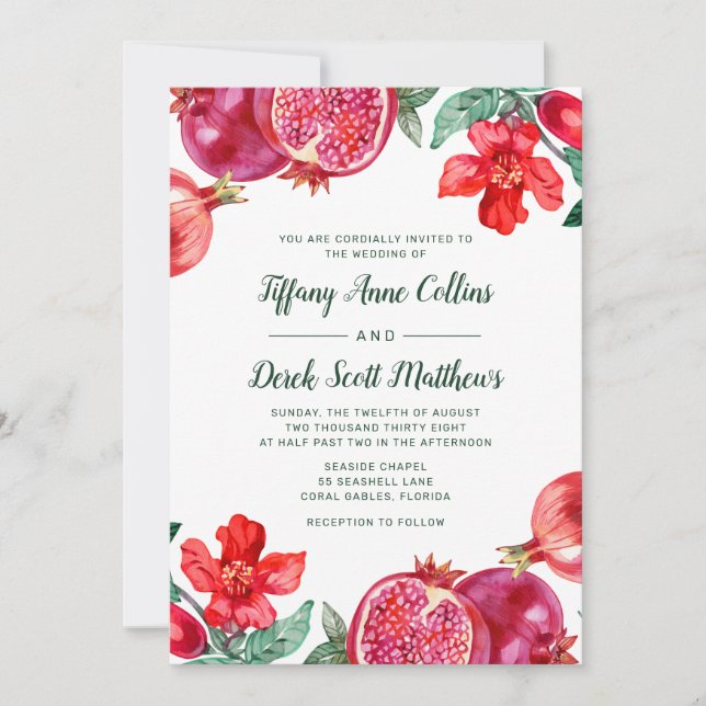 Invitation Mariage floral de grenade aquarelle (Devant)