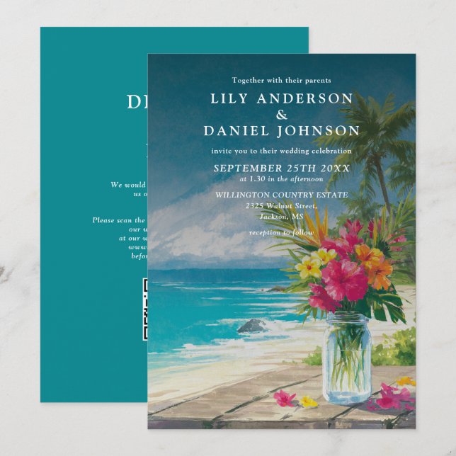 Invitation Mariage Floral de Jar Mason Code QR de Plage Tropi (Devant / Derrière)