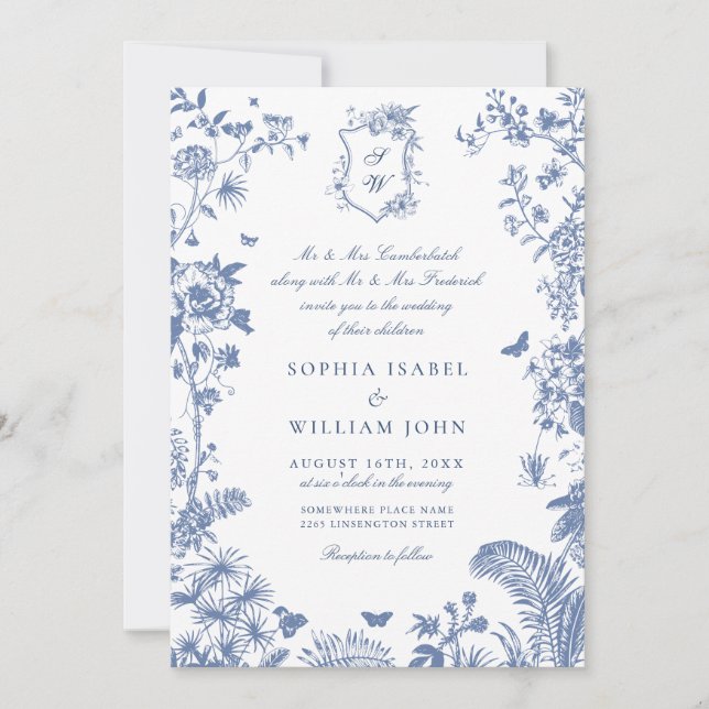 Invitation Mariage Floral de Jardin Français Bleu Baroque Élé (Devant)
