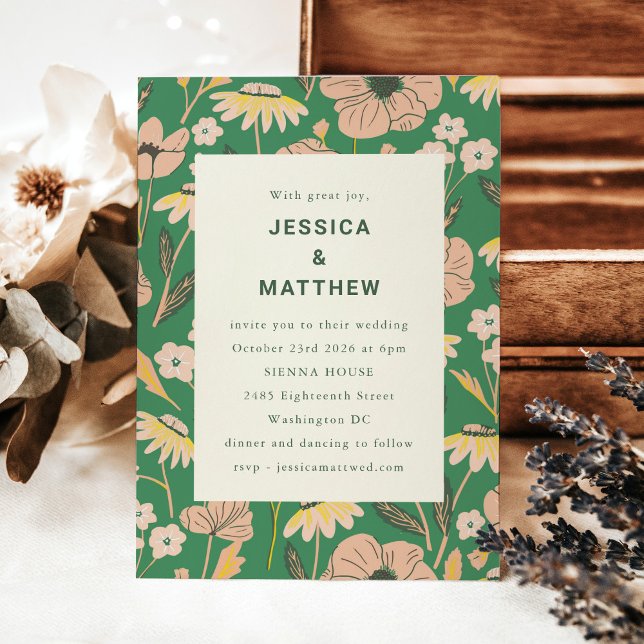 Invitation Mariage Floral de Jardin Moderne Vert Rose (Créateur téléchargé)