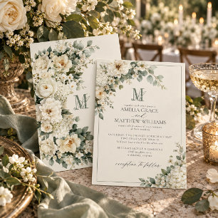 Invitation Mariage Floral de Jardin Monogramme Vintage Blanc