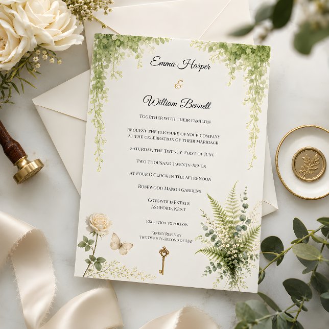 Invitation Mariage Floral de Jardin Secret de Luxe (Part of the luxury secret garden wedding theme, invitation card)