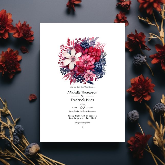 Invitation Mariage floral de la Bourgogne et de la Marine (Créateur téléchargé)