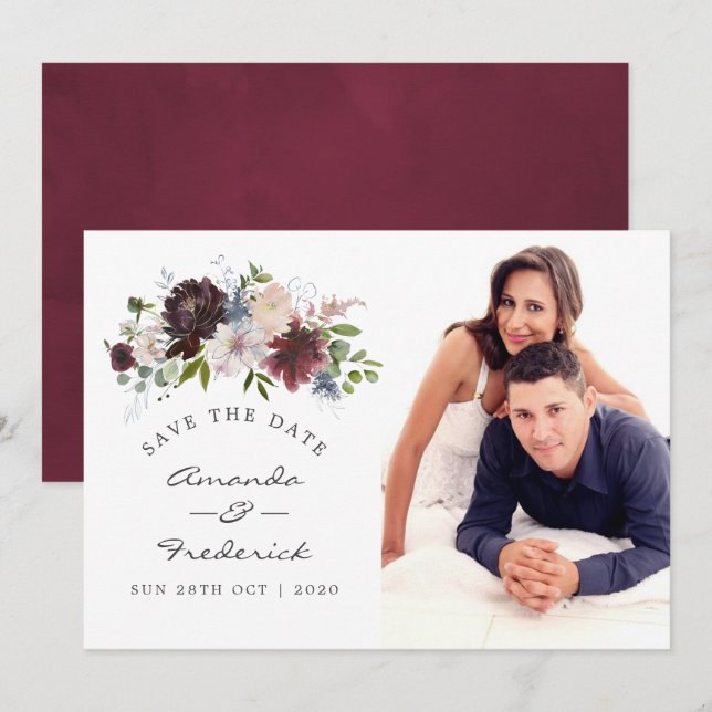 Invitation Mariage floral de la Bourgogne et de la Marine Sau (Devant / Derrière)