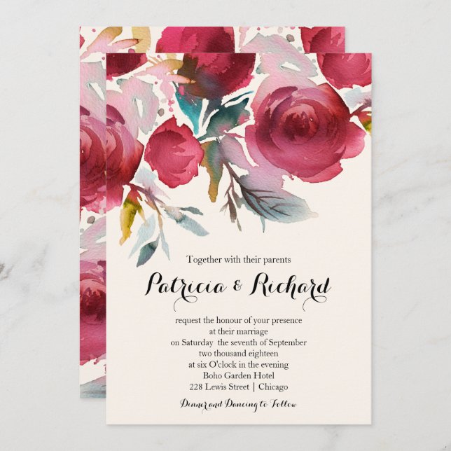 Invitation Mariage floral de la Bourgogne Marsala Boho (Devant / Derrière)