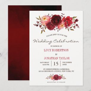 Invitation Mariage floral de la Bourgogne Marsala Rouge Roses