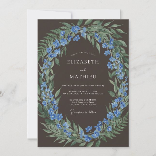 Invitation Mariage Floral de la Forêt Bleue Embrasse (Devant)