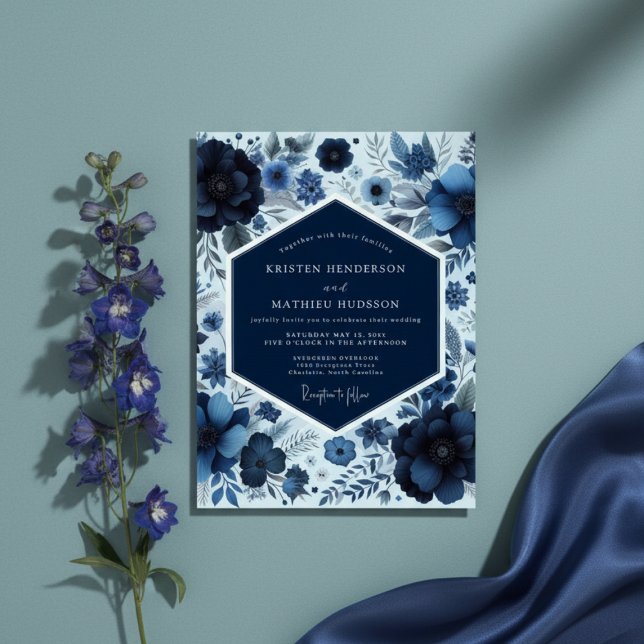 Invitation Mariage Floral de la Forêt Navy (Créateur téléchargé)