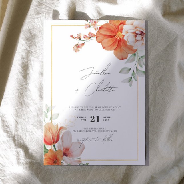 Invitation Mariage floral de la frontière de la pêche et de l (Créateur téléchargé)
