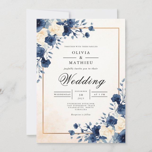 Invitation Mariage floral de la marine (Devant)