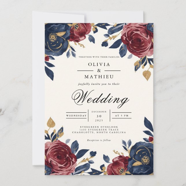 Invitation Mariage floral de la marine Crimson (Devant)
