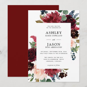 Invitation Mariage floral de la marine de Bourgogne et de l'a