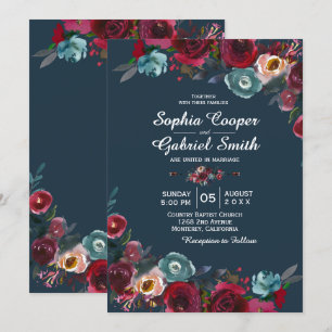 Invitation Mariage floral de la marine de Bourgogne moderne