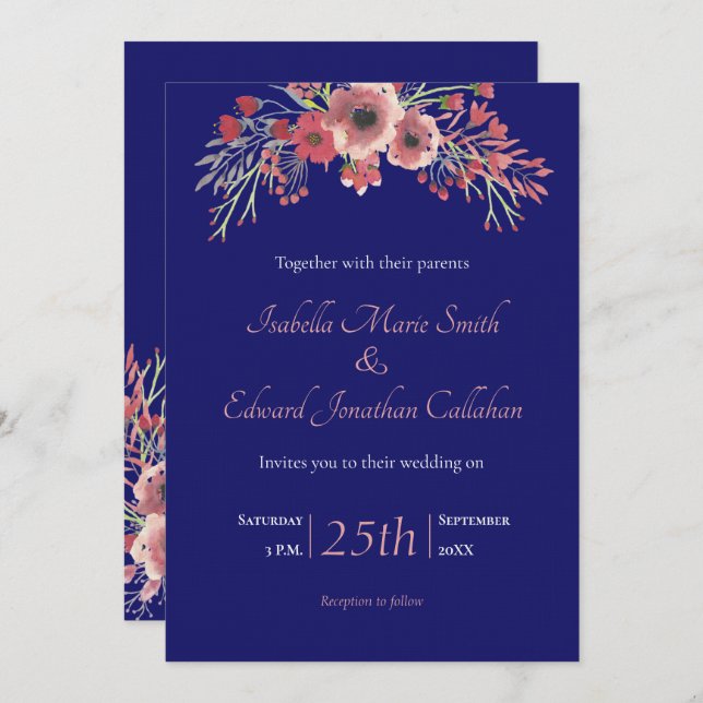Invitation Mariage floral de la marine moderne Blue Coral Peo (Devant / Derrière)