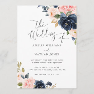 Invitation Mariage floral de la marine moderne Blush