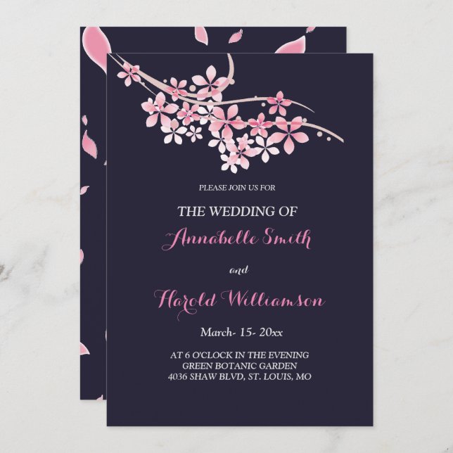 Invitation Mariage floral de la marine rose cerisier (Devant / Derrière)