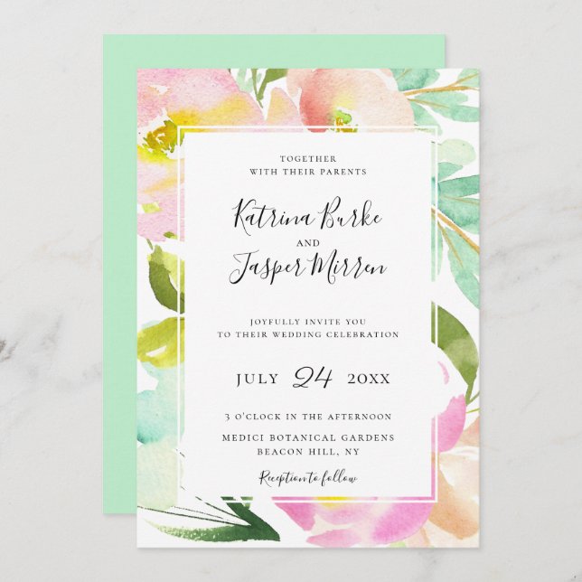 Invitation Mariage floral de la pinte de chair (Devant / Derrière)