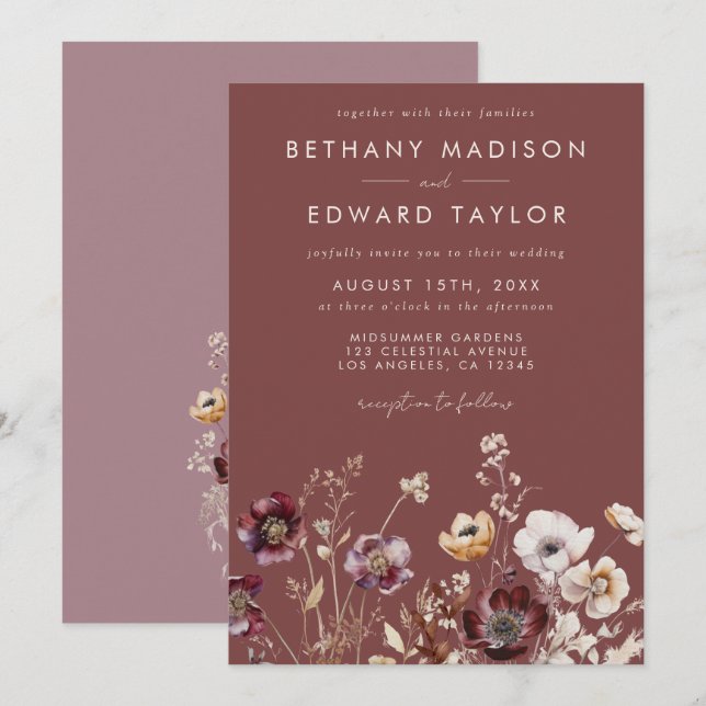 Invitation Mariage floral de l'automne de Mauve (Devant / Derrière)