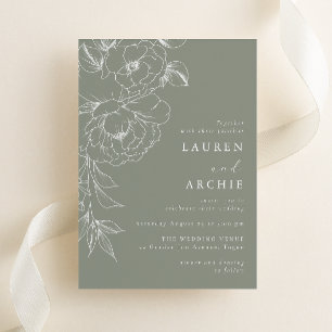 Invitation Mariage Floral de Ligne Blanche Vert Sauge