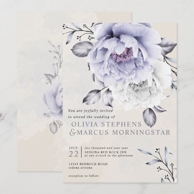 Invitation Mariage | Floral de Lilac rustique et d'Albâtre (Devant / Derrière)
