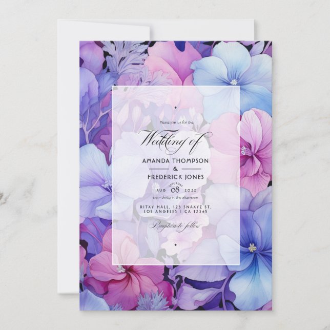 Invitation Mariage floral de lilas, de pervenche et de lavand (Devant)