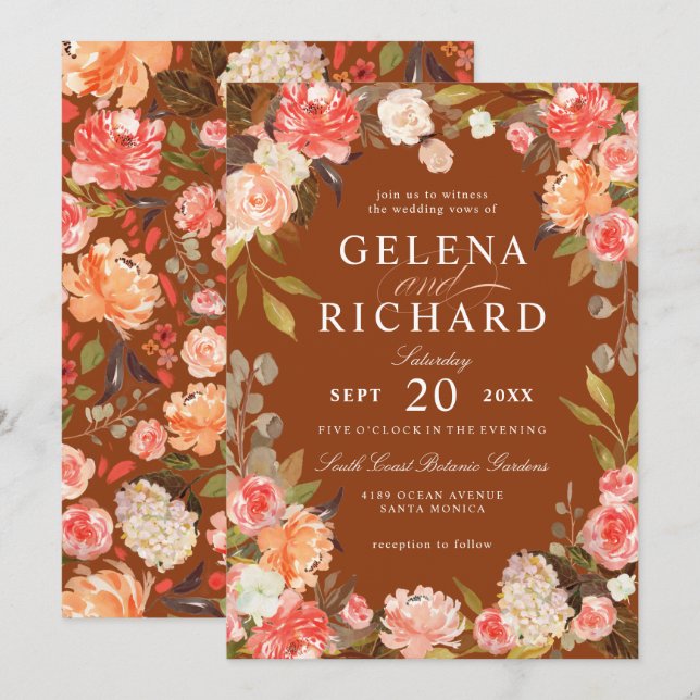 Invitation Mariage Floral de l'Olive Peach (Devant / Derrière)