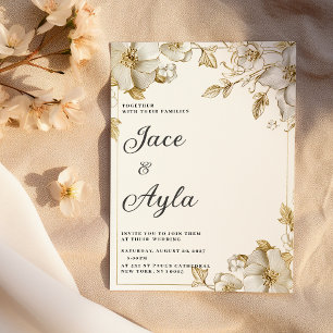 Invitation Mariage floral de luxe blanc et or élégant