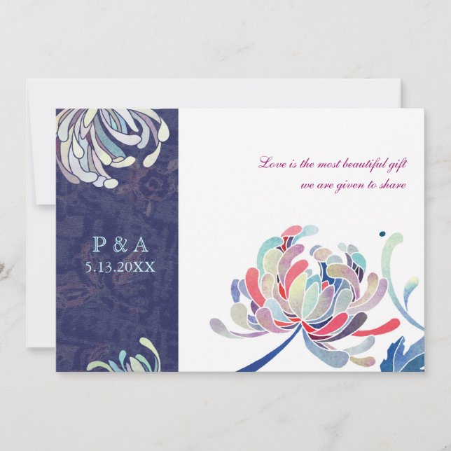 Invitation Mariage floral de luxe bleu marine et blanc (Devant)