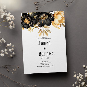 Invitation Mariage floral de luxe en noir ivoire et or