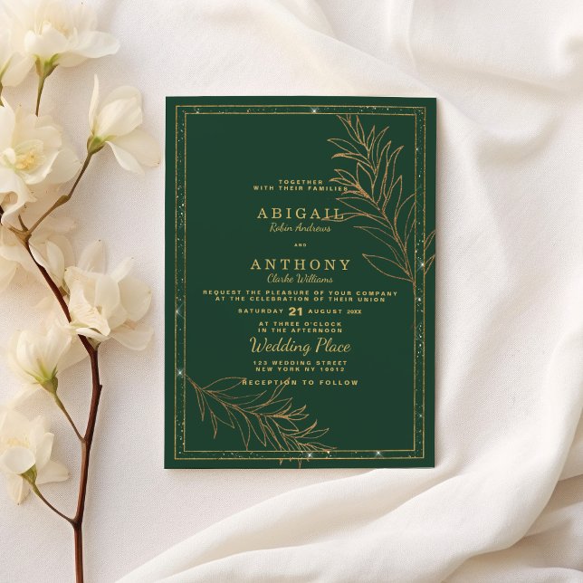 Invitation Mariage floral de luxe vert foncé paillettes dorée (Luxury dark green gold glitter leaf floral Wedding)