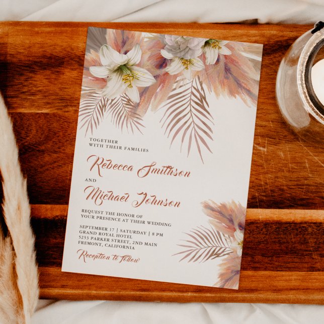 Invitation Mariage Floral de Lys Blanc Pampas Terres (Créateur téléchargé)