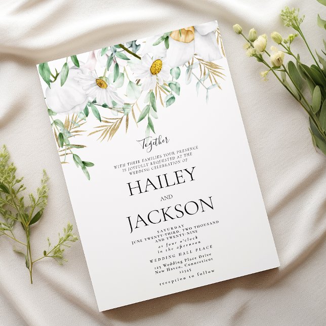Invitation Mariage floral de marguerites blanches tropicales  (Tropical white gold mint daisies floral wedding )