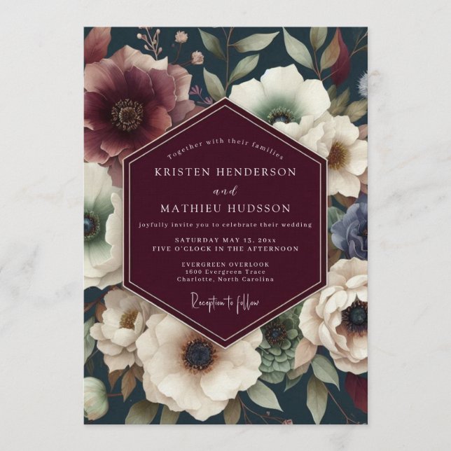 Invitation Mariage Floral de Minuit Bordeaux (Devant)