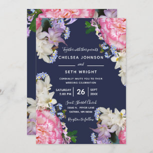 Invitation Mariage floral de minuit de ressort bleu et rose